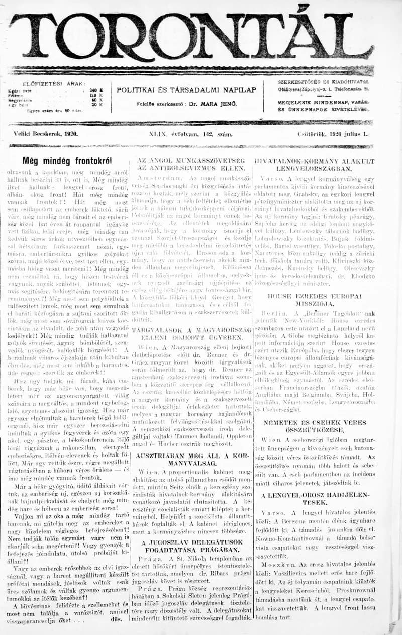 Torontál, 49. évf. 1920. július 1. 142. sz.