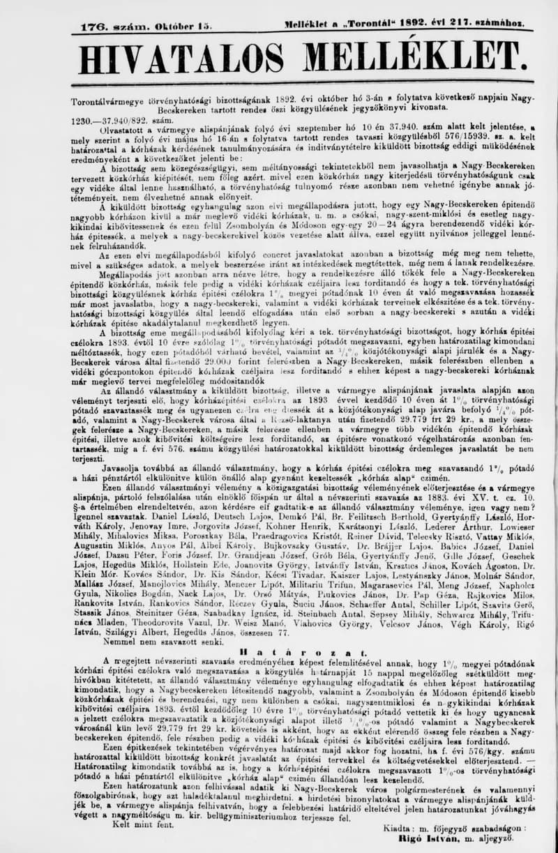 A Totontál  hivatalos melléklete, 5. évf. 1892. október 15. 176. sz.