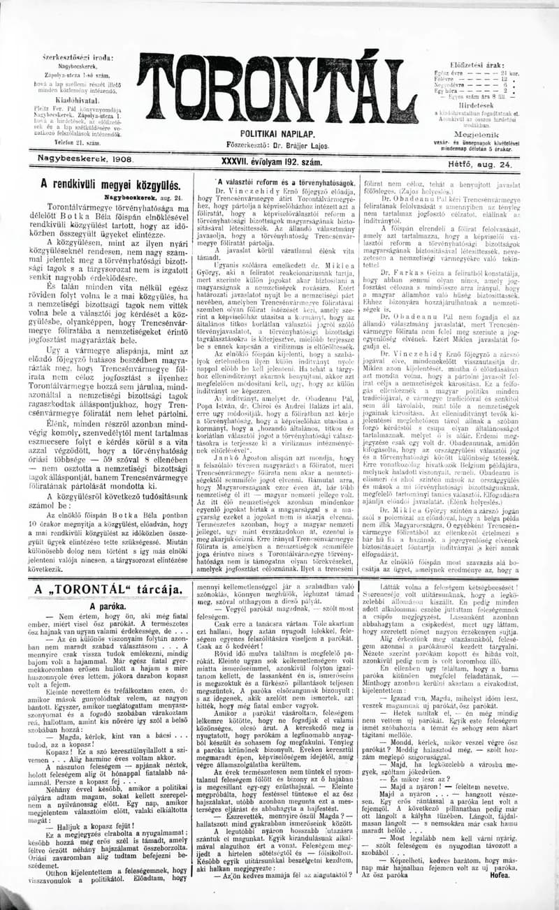 Torontál, 37. évf. 1908. augusztus 24. 192. sz.