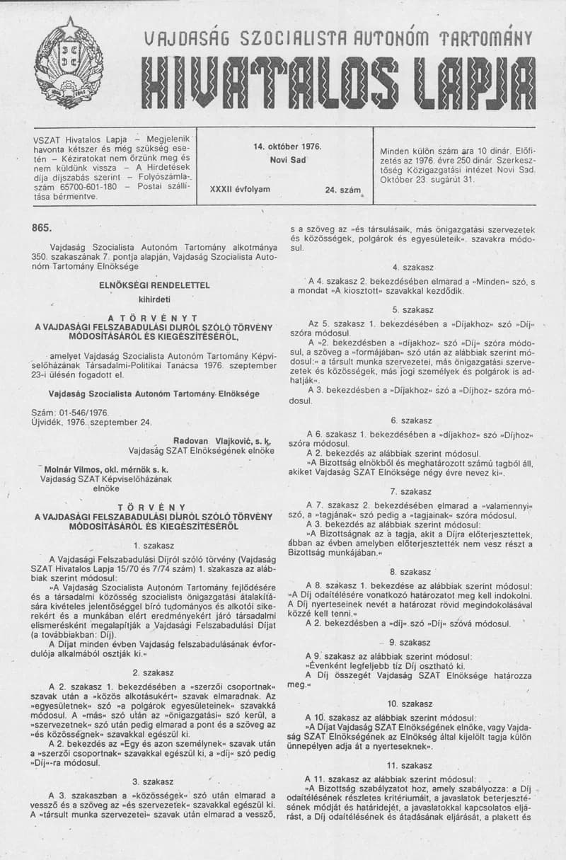 Vajdaság Szocialista Autonóm Tartomány Hivatalos Lapja, 32. évf. 1976. október 14. 24. sz. 965–980. oldal