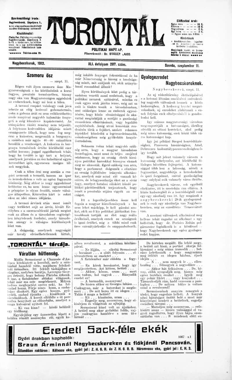 Torontál, 41. évf. 1912. szeptember 11. 207. sz.