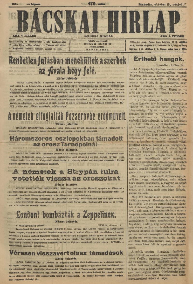 Bácskai Hirlap, 19. évf. 1915. október 15. 470. sz.