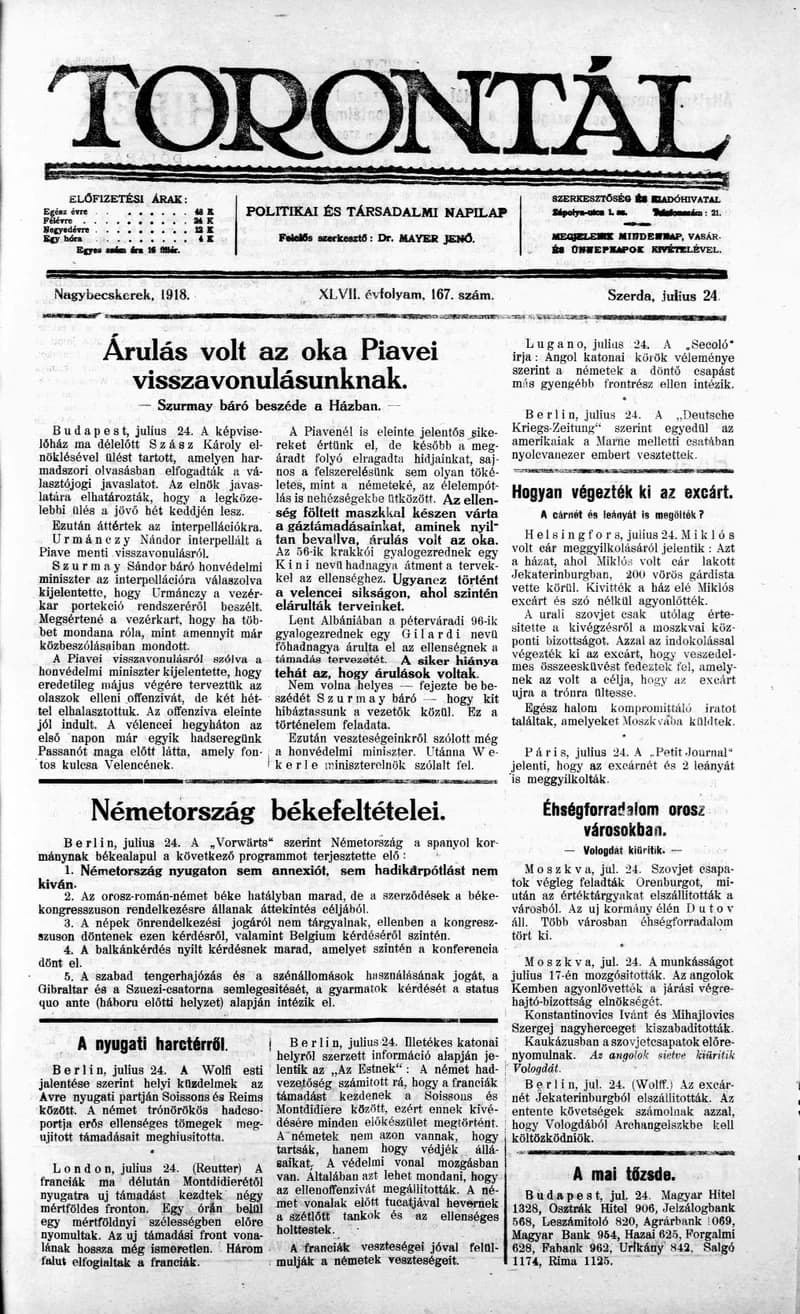 Torontál, 47. évf. 1918. július 24. 167. sz.