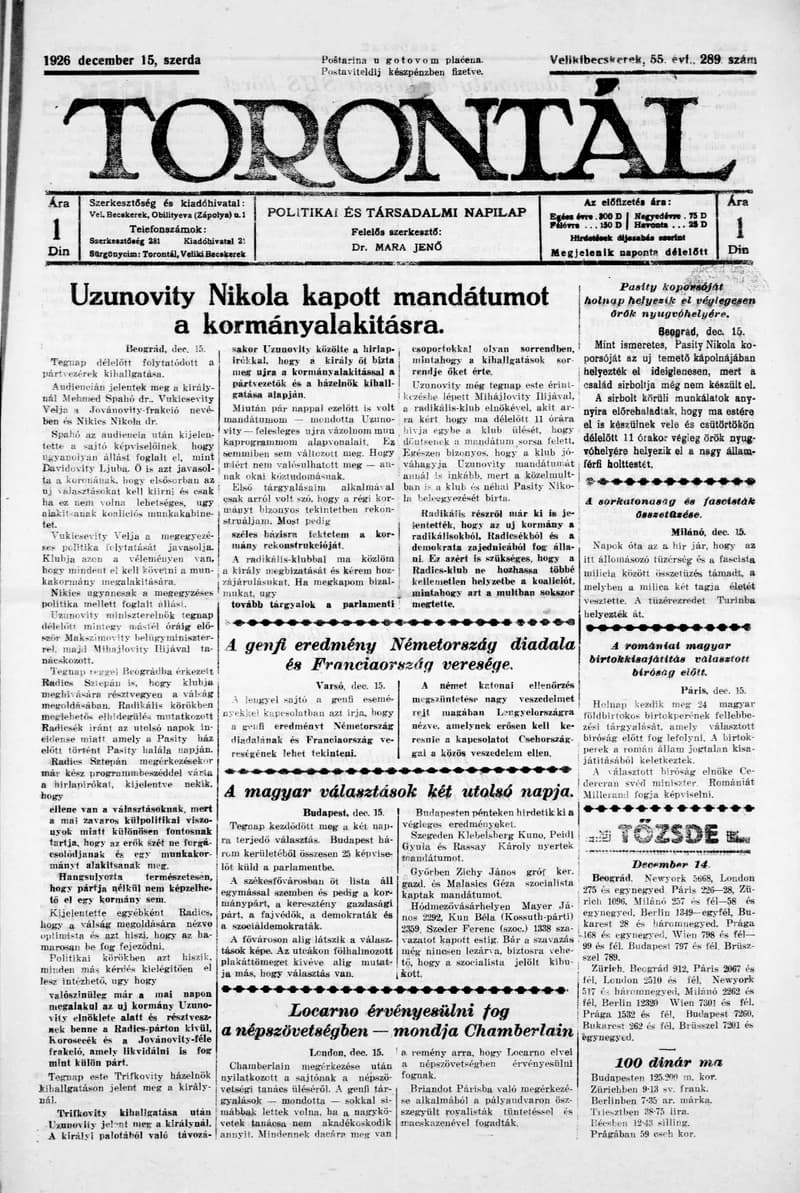 Torontál, 55. évf. 1926. december 15. 289. sz.