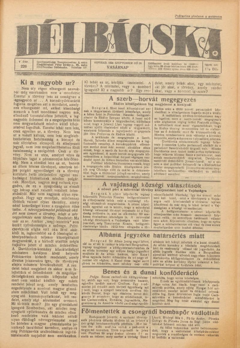Délbácska, 5. évf. 1924. szeptember 28. 226. sz.