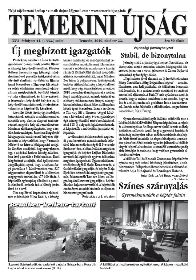 Temerini Újság, 26. évf. 2020. október 22. 42. sz.