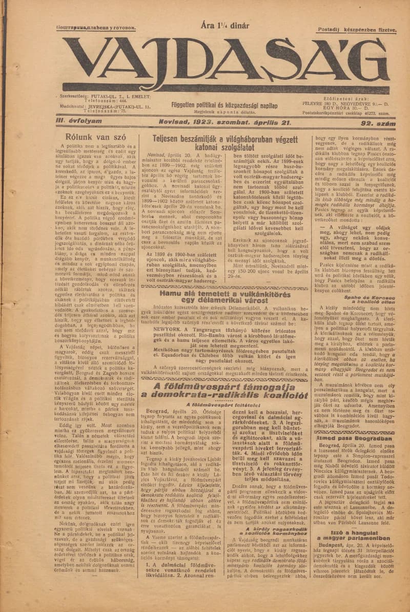 Vajdaság, 3. évf. 1923. április 21. 92. sz.