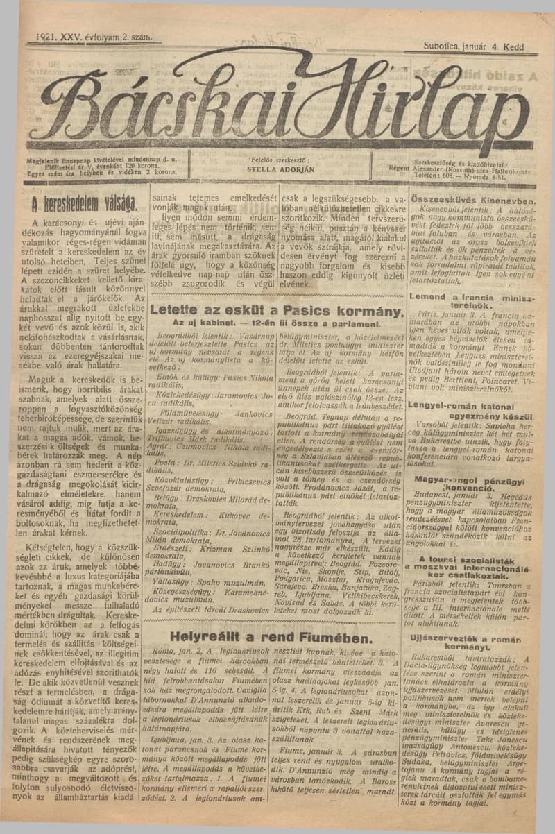 Bácskai Hirlap, 25. évf. 1921. január 4. 2. sz.