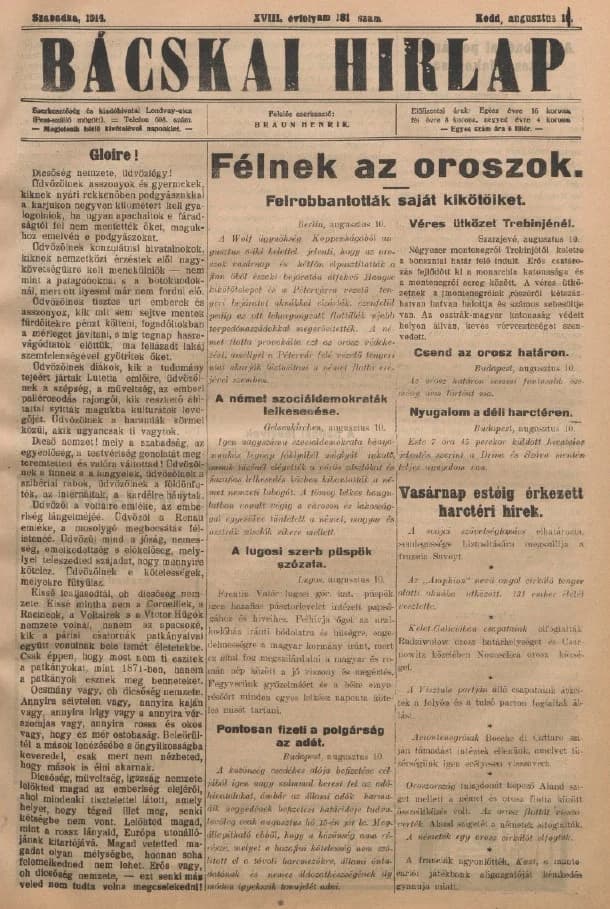 Bácskai Hirlap, 18. évf. 1914. augusztus 10. 181. sz.