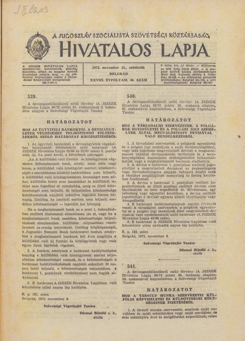 A Jugoszláv Szocialista Szövetségi Köztársaság Hivatalos Lapja, 28. évf. 1972. november 16. 60. sz. 1109–1132. oldal