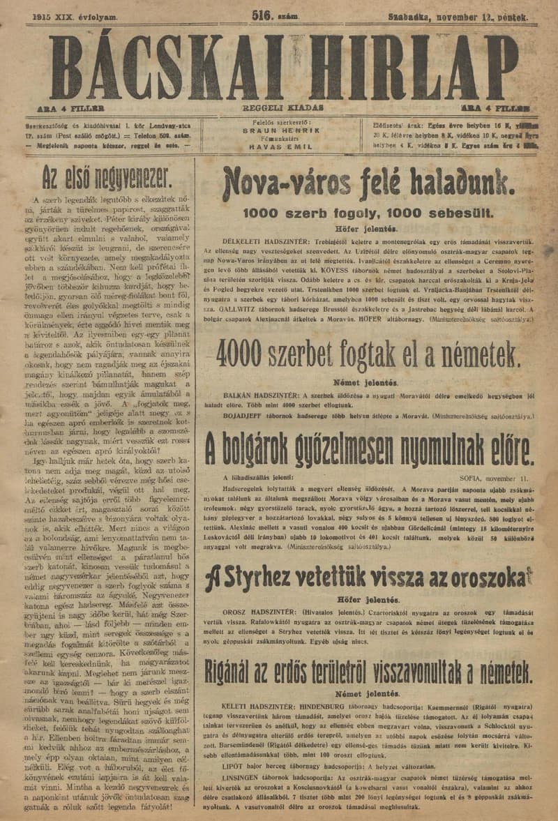 Bácskai Hirlap, 19. évf. 1915. november 12. 516. sz.