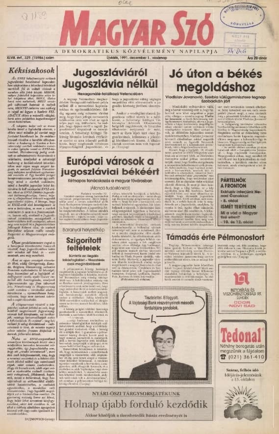 Magyar Szó, 48. évf. 1991. december 1. 329. sz. 1–24. oldal