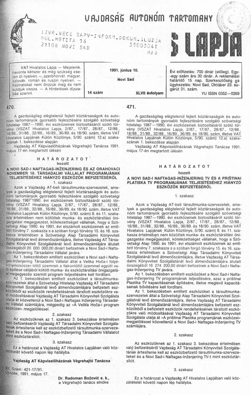 Vajdaság Szocialista Autonóm Tartomány Hivatalos Lapja, 47. évf. 1991. június 10. 14. sz.