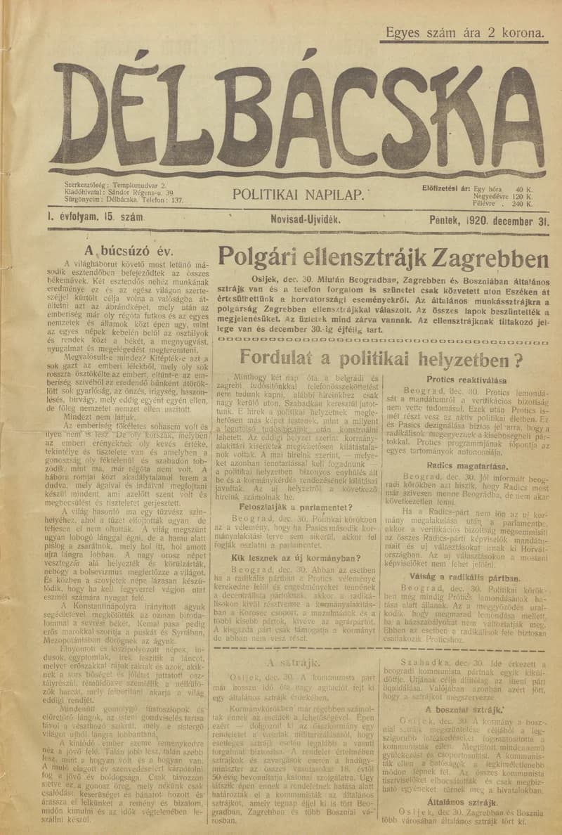 Délbácska, 1. évf. 1920. december 31. 15. sz.