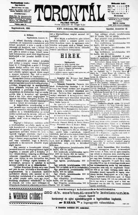 Torontál, 25. évf. 1896. december 12. 286. sz.
