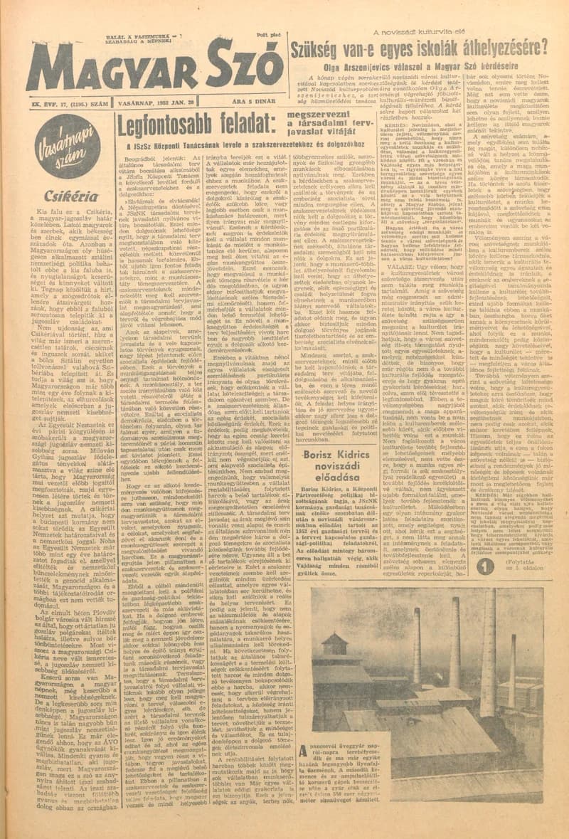 Magyar Szó, 9. évf. 1952. január 20. 17. sz. 1–8. oldal