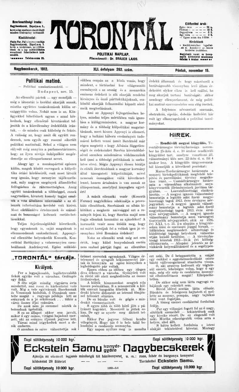 Torontál, 41. évf. 1912. november 15. 262. sz.