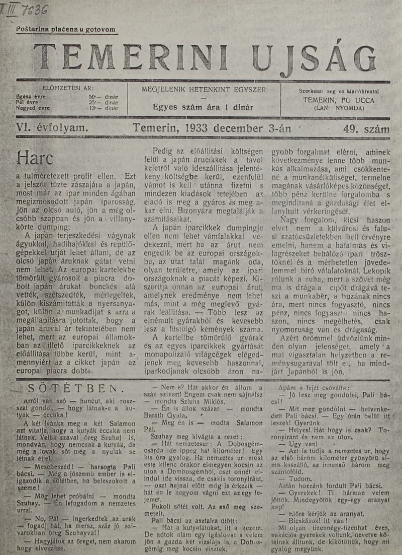 Temerini Újság 1928-1944, 6. évf. 1933. december 3. 49. sz.