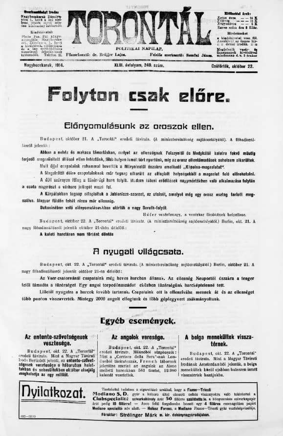 Torontál, 43. évf. 1914. október 22. 240. sz.