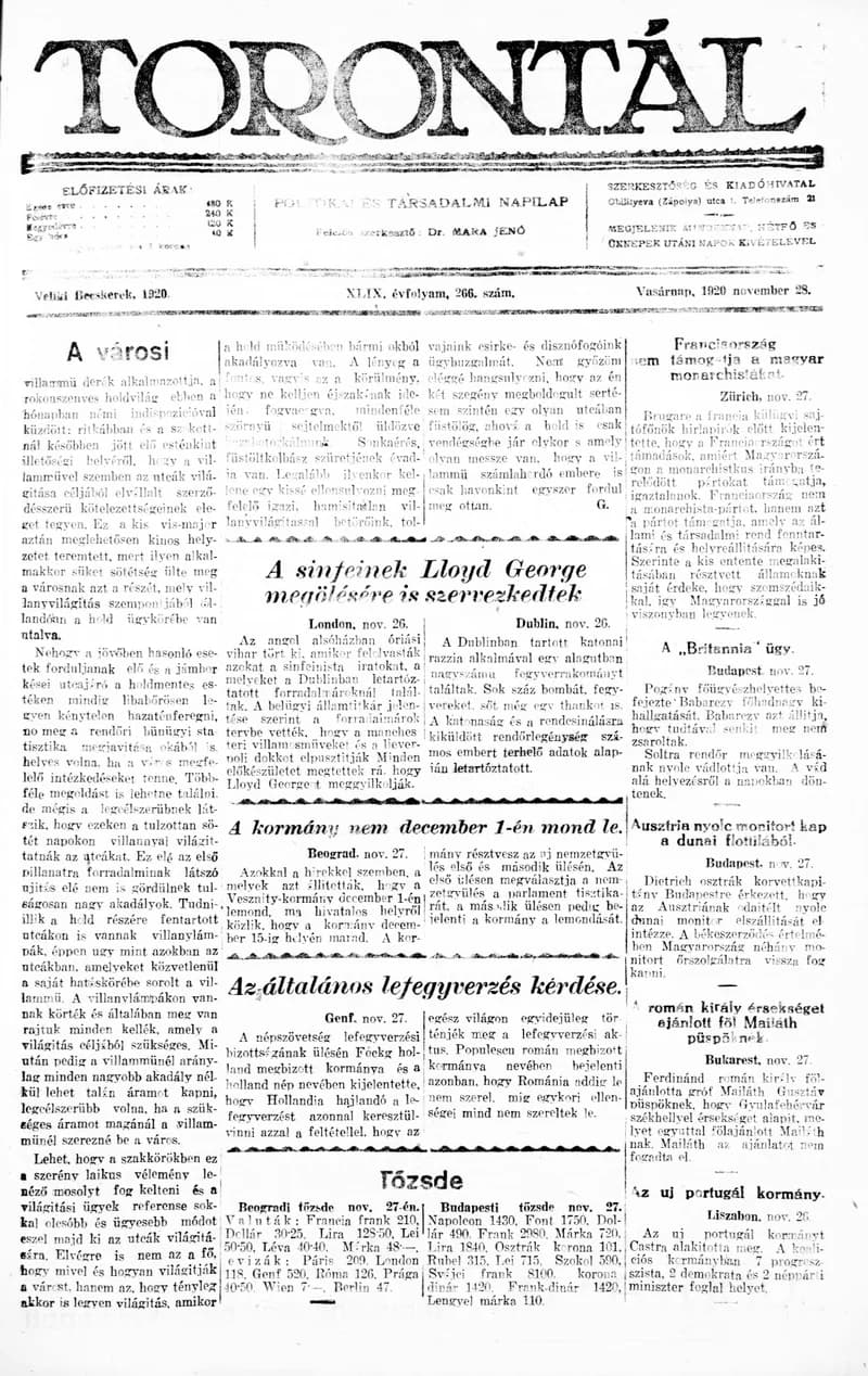 Torontál, 49. évf. 1920. november 28. 266. sz.