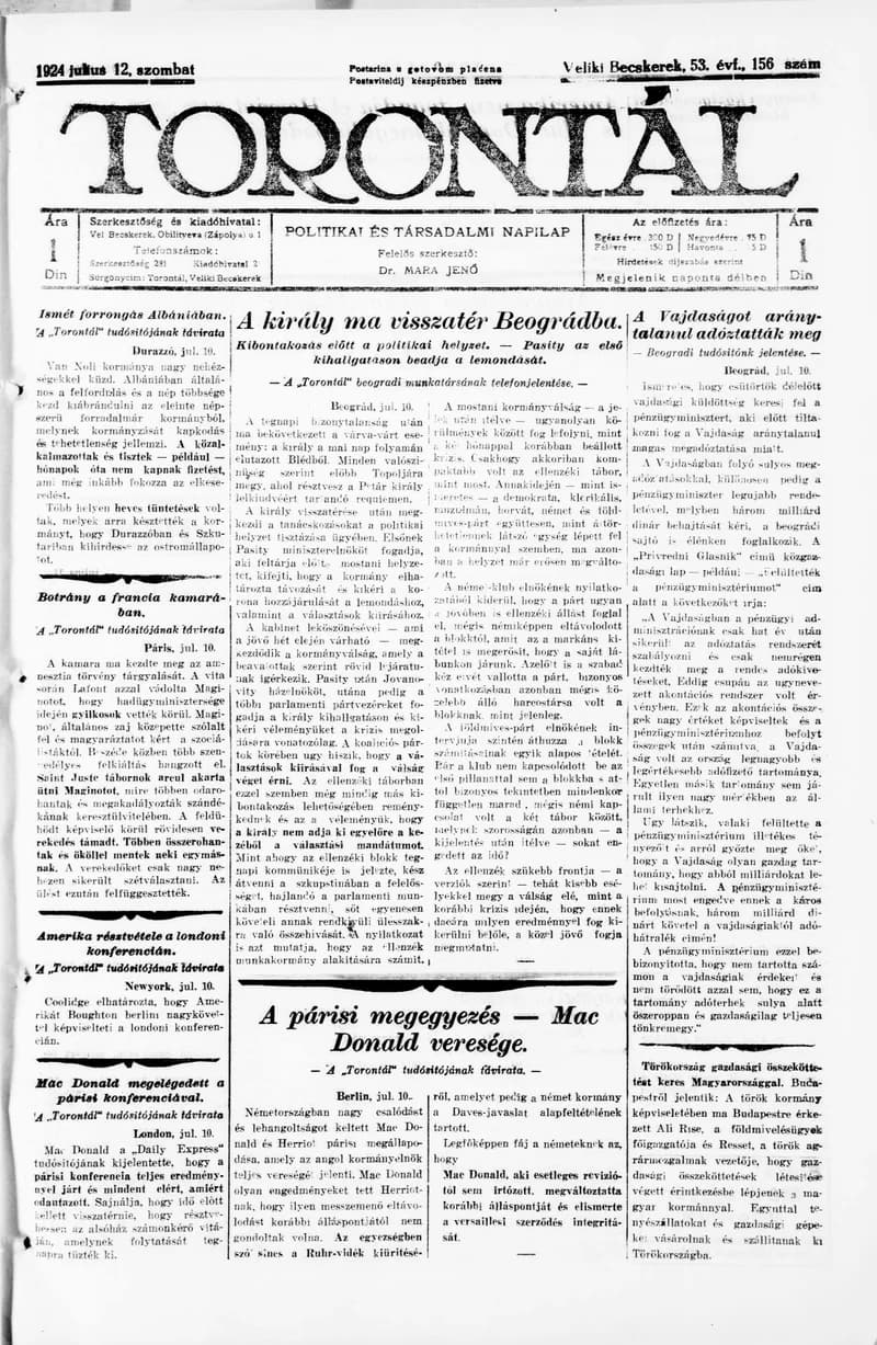 Torontál, 53. évf. 1924. július 12. 156. sz.