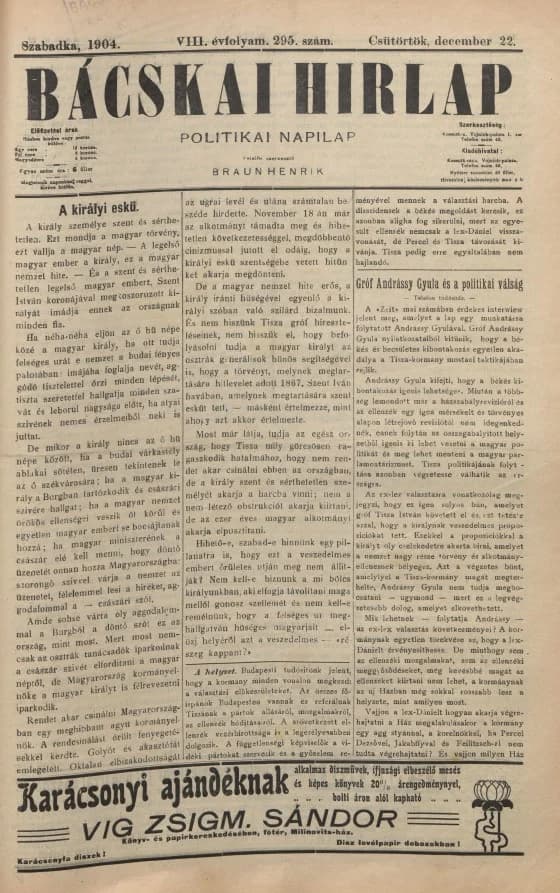 Bácskai Hirlap, 8. évf. 1904. december 22. 295. sz.