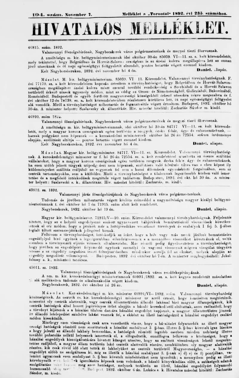 A Totontál  hivatalos melléklete, 5. évf. 1892. november 7. 194. sz.