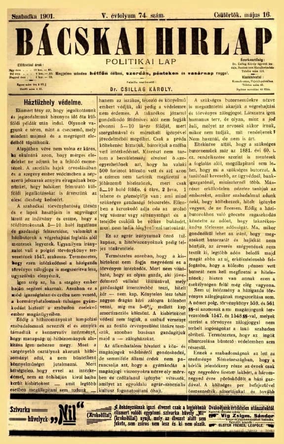Bácskai Hirlap, 5. évf. 1901. május 16. 74. sz.