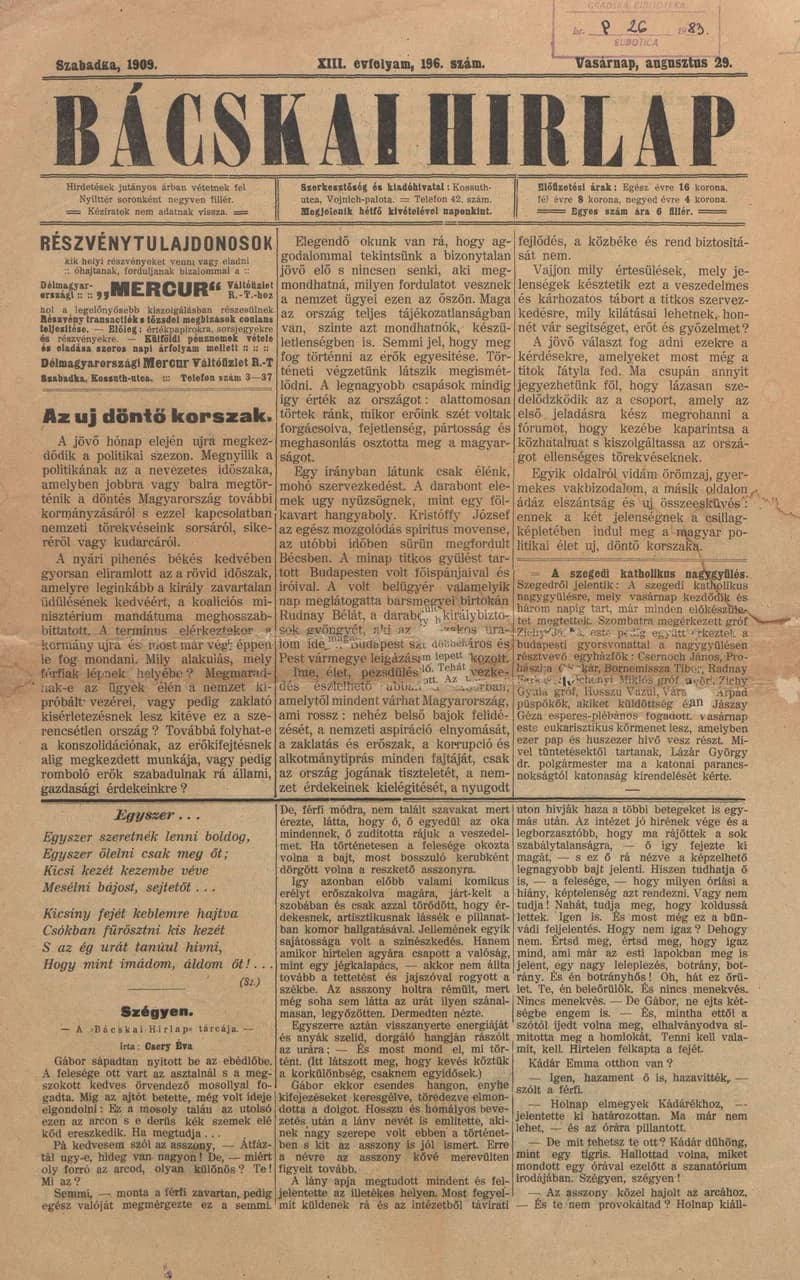 Bácskai Hirlap, 13. évf. 1909. augusztus 29. 196. sz.