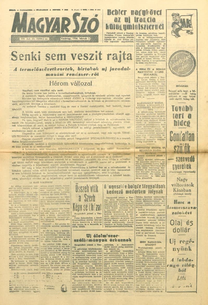 Magyar Szó, 13. évf. 1956. február 5. 33. sz. 1–20. oldal