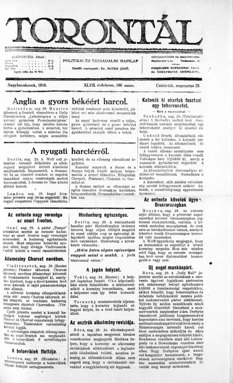 Torontál, 47. évf. 1918. augusztus 29. 196. sz.
