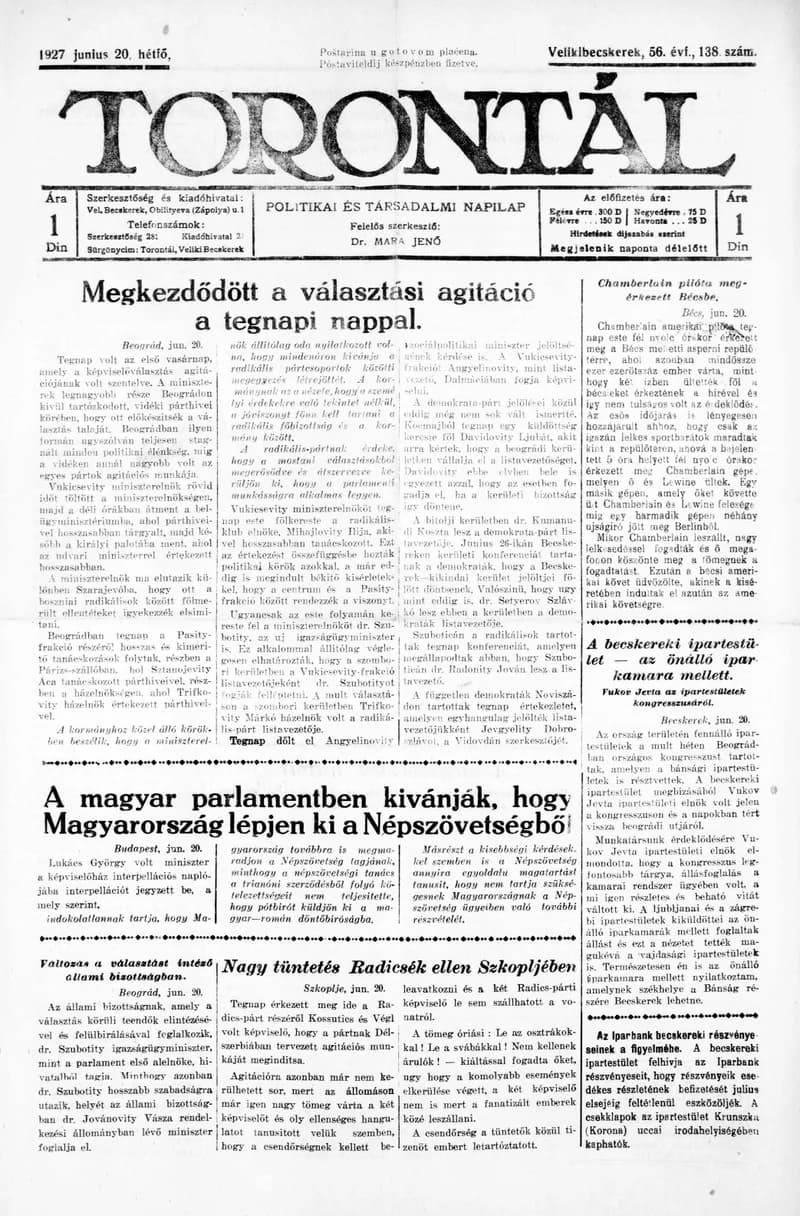 Torontál, 56. évf. 1927. június 20. 138. sz.