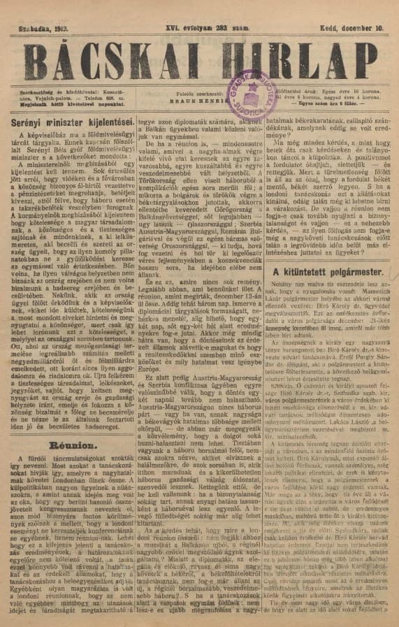 Bácskai Hirlap, 16. évf. 1912. december 10. 282. sz.