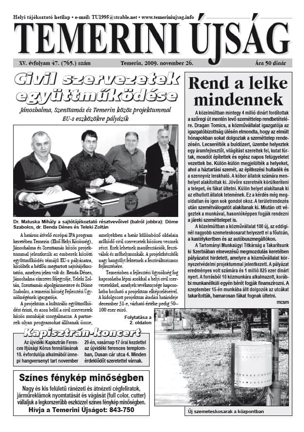 Temerini Újság, 15. évf. 2009. november 26. 47. sz.