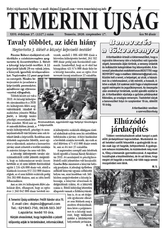 Temerini Újság, 26. évf. 2020. szeptember 17. 37. sz.
