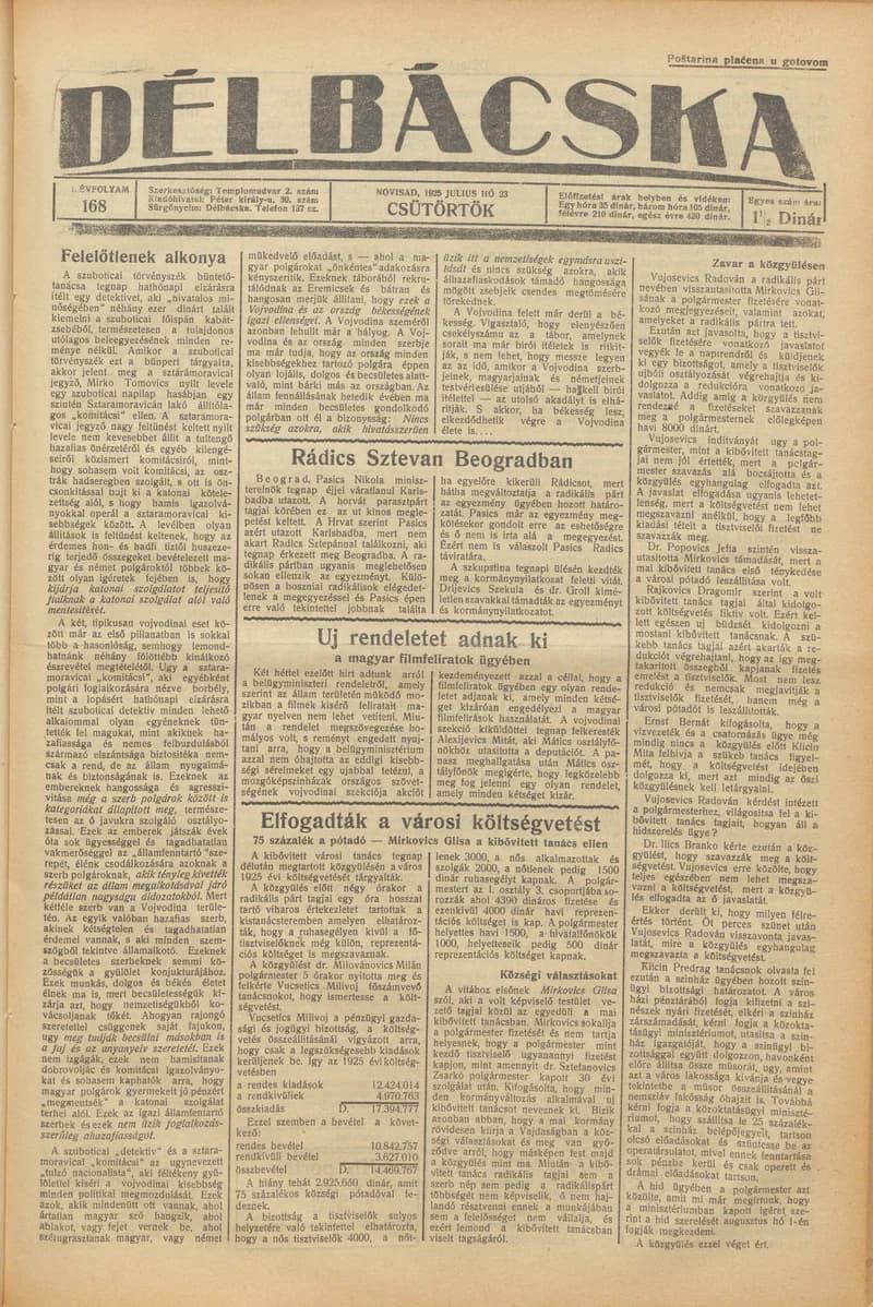 Délbácska, 6. évf. 1925. július 23. 168. sz.