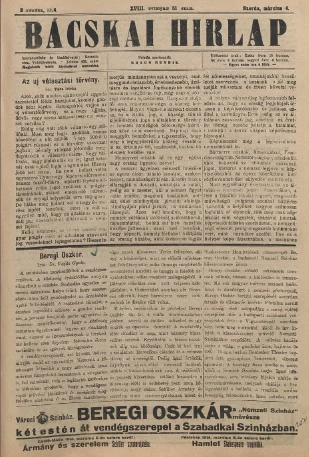 Bácskai Hirlap, 18. évf. 1914. március 4. 51. sz.