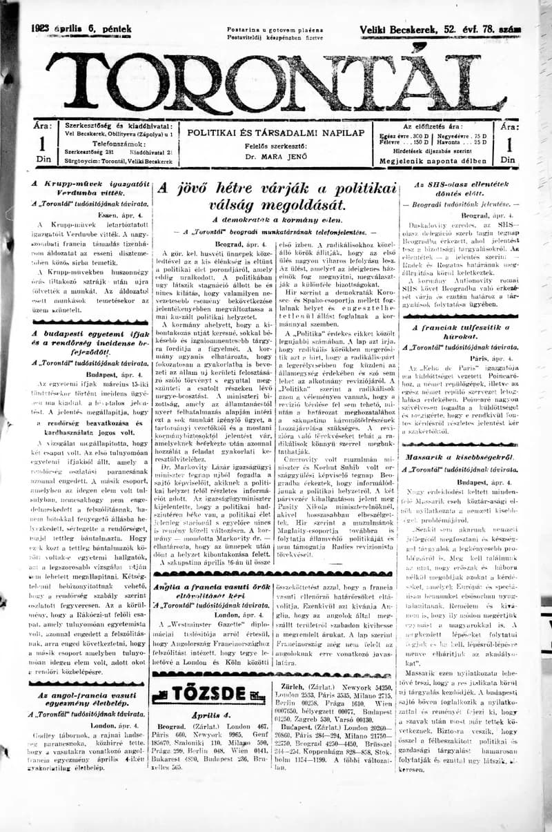 Torontál, 52. évf. 1923. április 6. 78. sz.