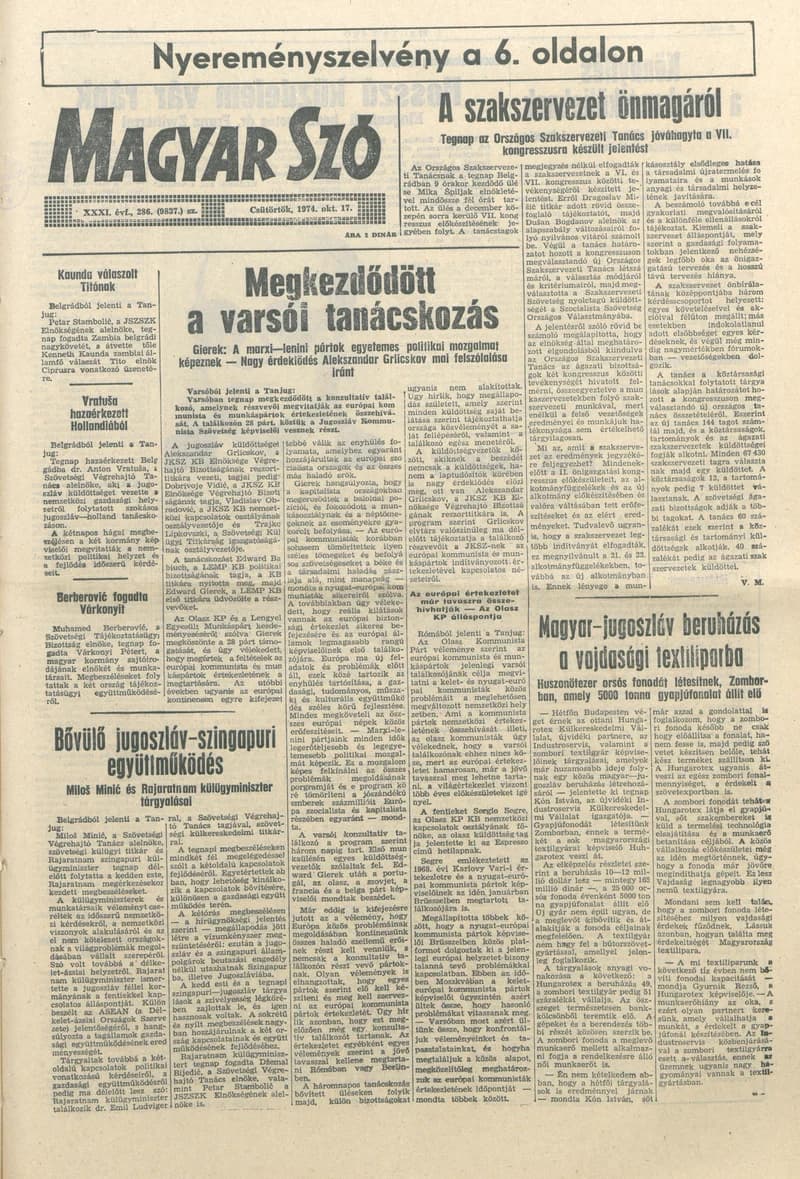 Magyar Szó, 31. évf. 1974. október 17. 286. sz. 1–16. oldal