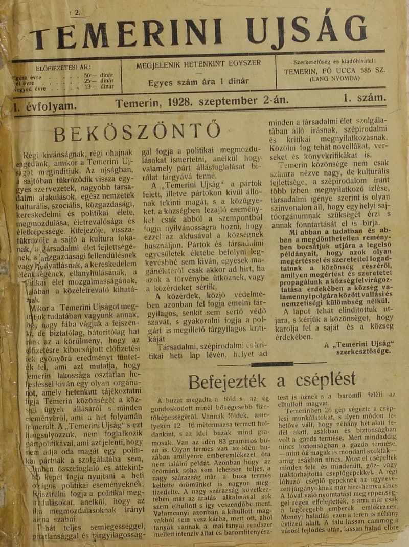 Temerini Újság 1928-1944, 1. évf. 1928. szeptember 2. 1. sz. 1–6. oldal