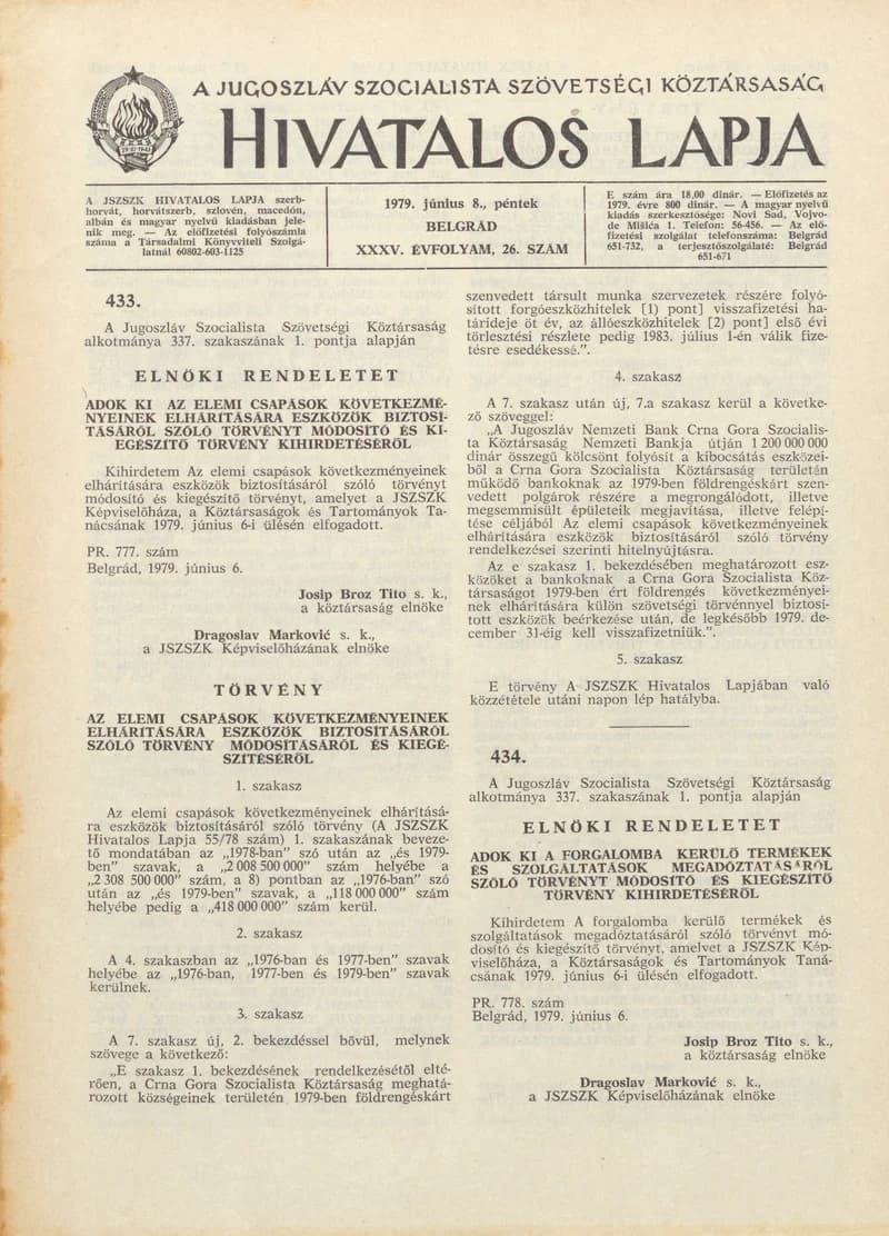 A Jugoszláv Szocialista Szövetségi Köztársaság Hivatalos Lapja, 35. évf. 1979. június 8. 26. sz. 817–864. oldal