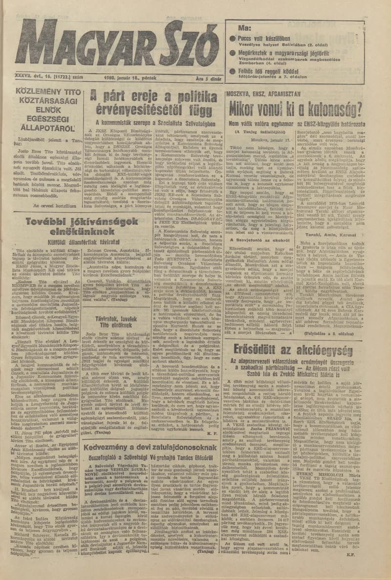 Magyar Szó, 37. évf. 1980. január 18. 16. sz. 1–20. oldal