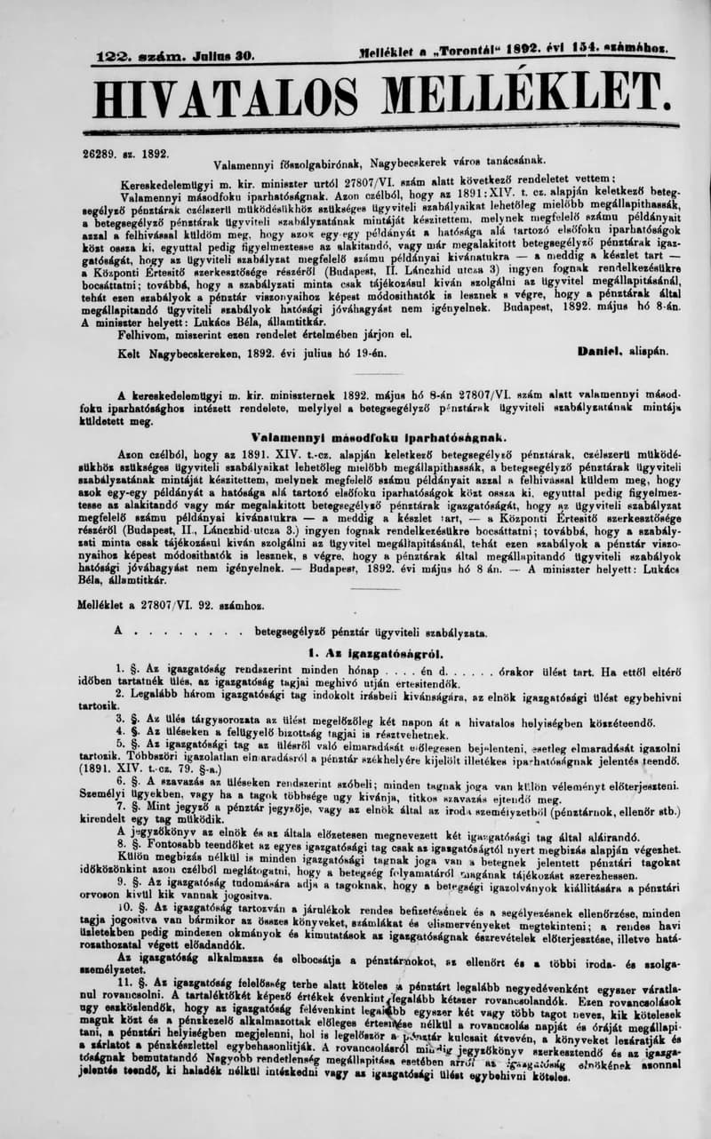 A Totontál  hivatalos melléklete, 5. évf. 1892. július 30. 122. sz.