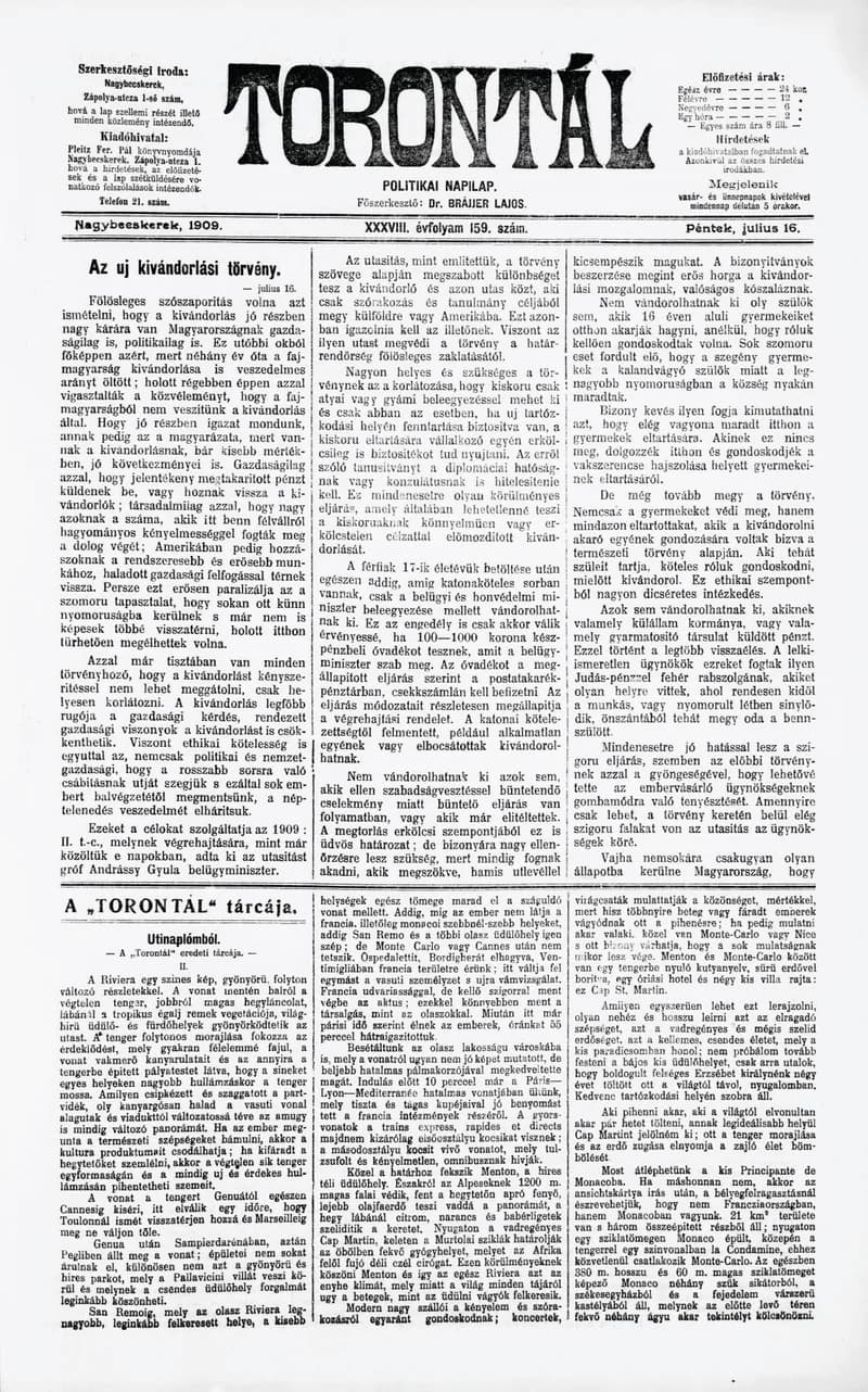 Torontál, 38. évf. 1909. július 16. 159. sz.