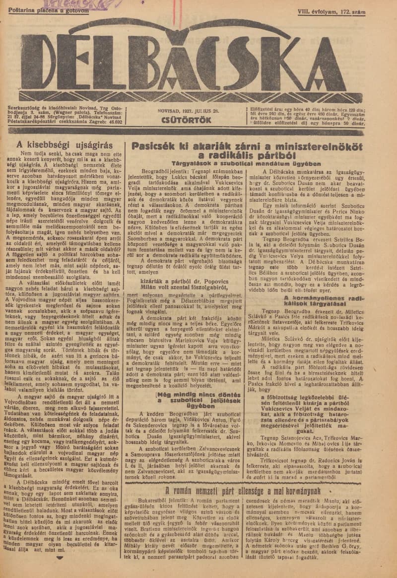 Délbácska, 8. évf. 1927. július 28. 172. sz.