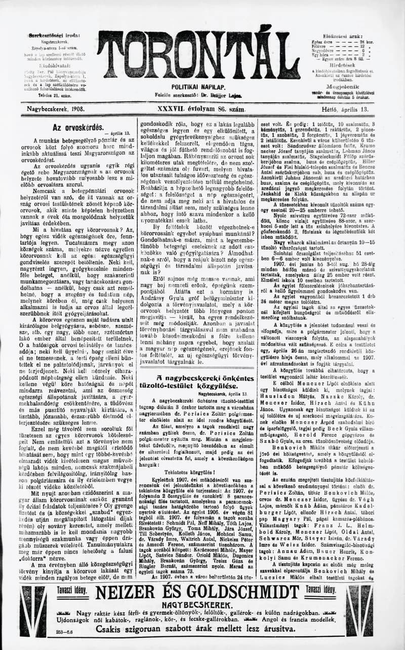 Torontál, 37. évf. 1908. április 13. 86. sz.