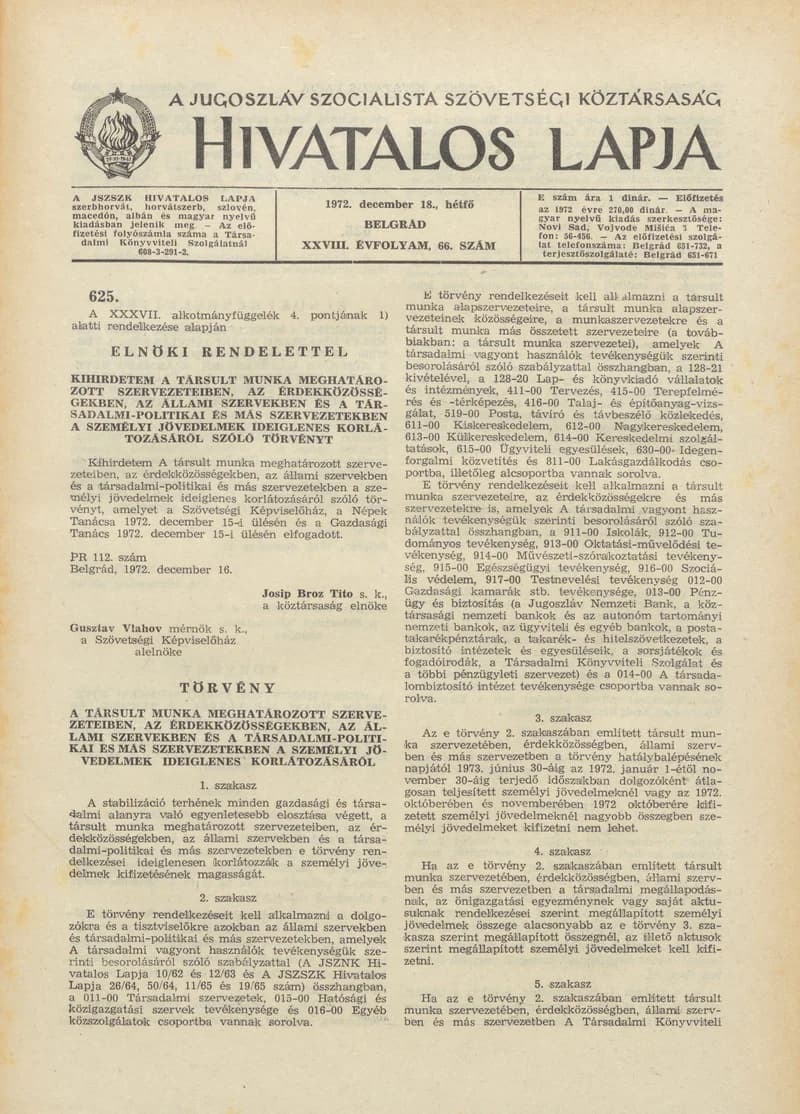 A Jugoszláv Szocialista Szövetségi Köztársaság Hivatalos Lapja, 28. évf. 1972. december 18. 66. sz. 1249–1252. oldal