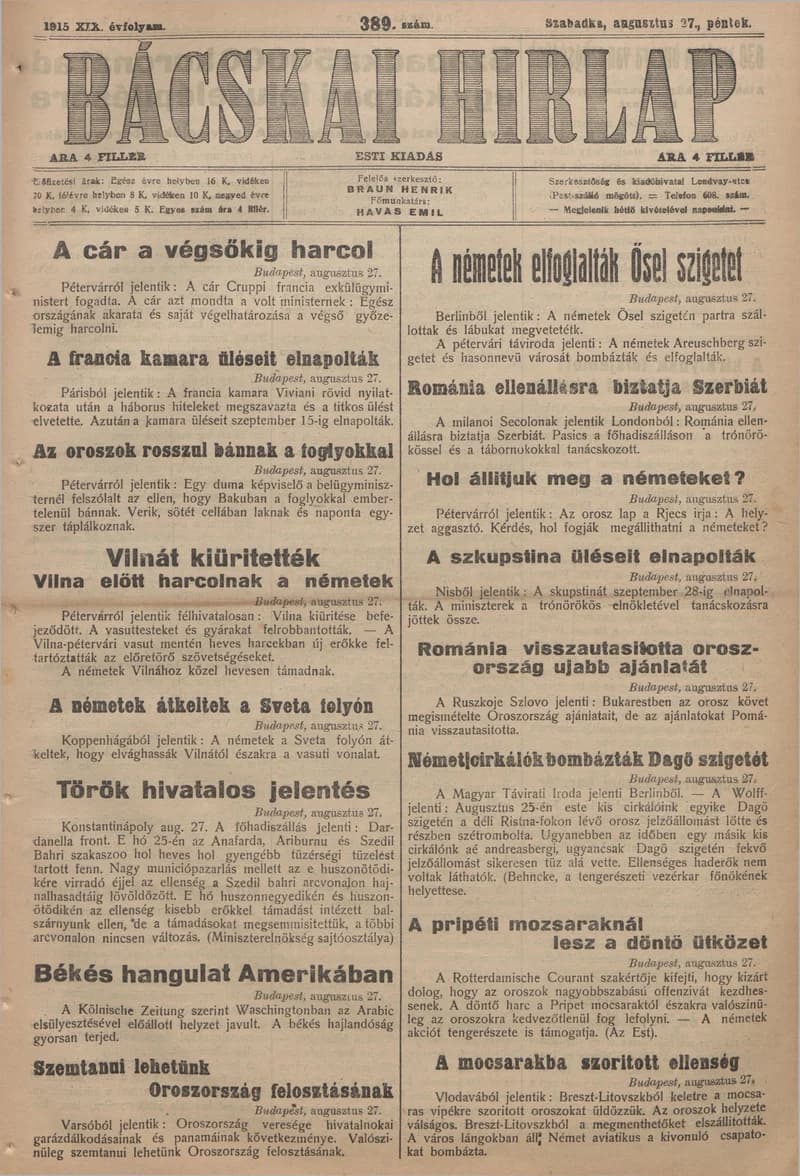 Bácskai Hirlap, 19. évf. 1915. augusztus 27. 389. sz.