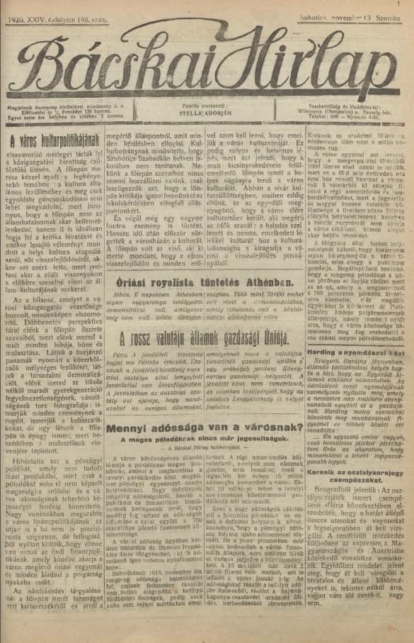 Bácskai Hirlap, 24. évf. 1920. november 13. 198. sz.