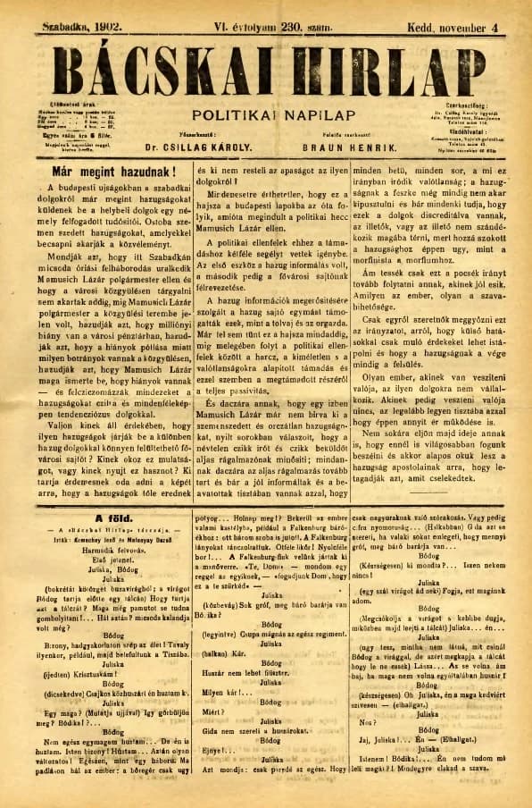 Bácskai Hirlap, 6. évf. 1902. november 4. 230. sz.
